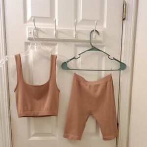 Zara Ribbed Tank Crop Top & Short Leggings, Tan color, Size XS